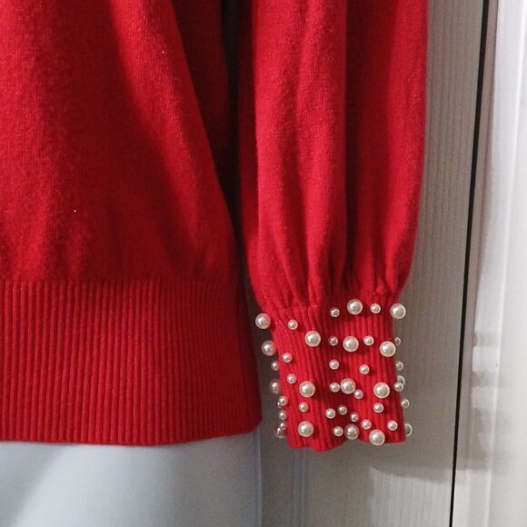 Ontwelfth red holiday with faux pearl neckline and cuffs  Sz M EUC holiday party - Picture 2 of 8